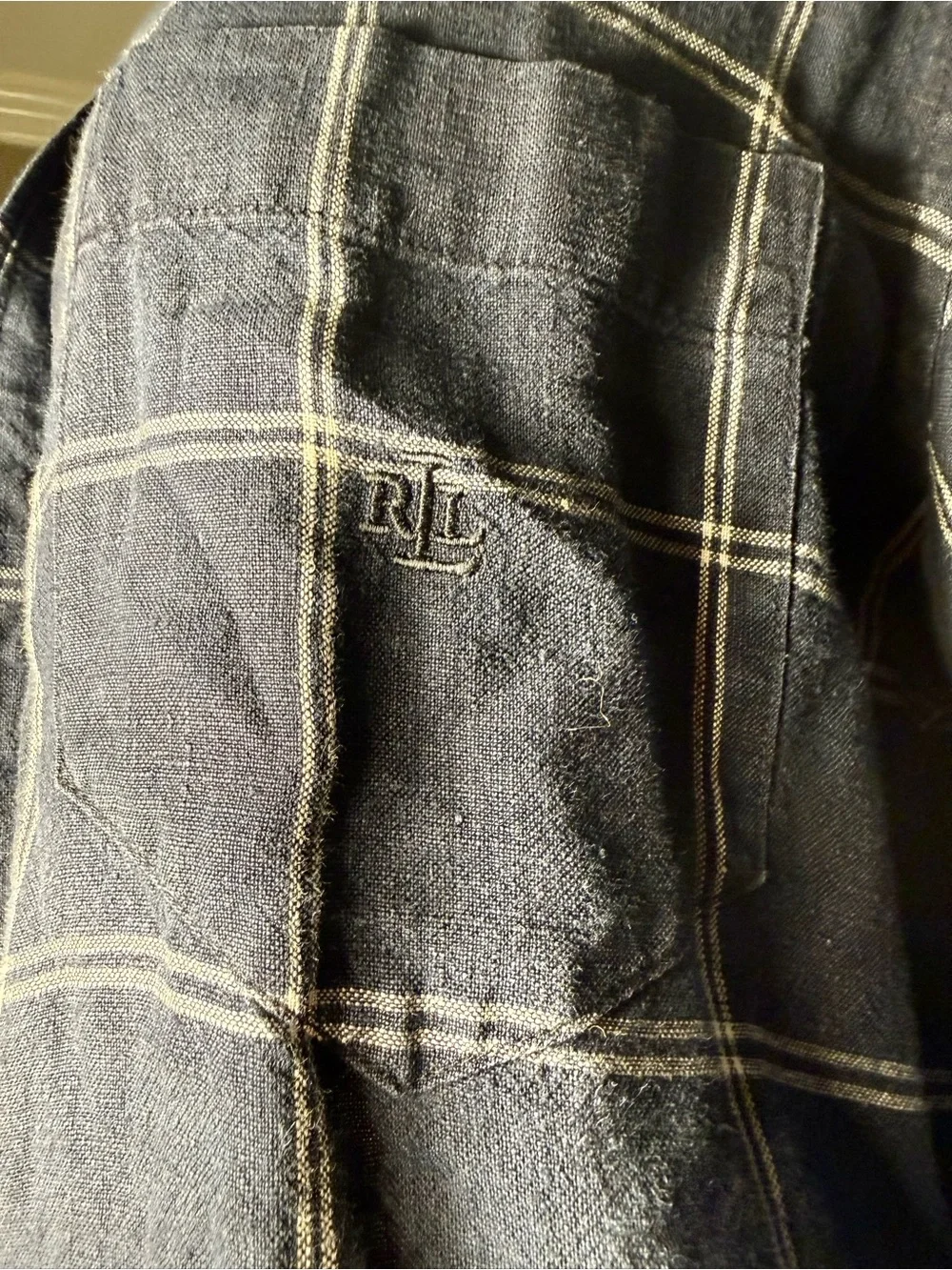 Ralph Lauren 100 Linen Navy Windowpane Button-Up Shirt - Picture 3 of 9